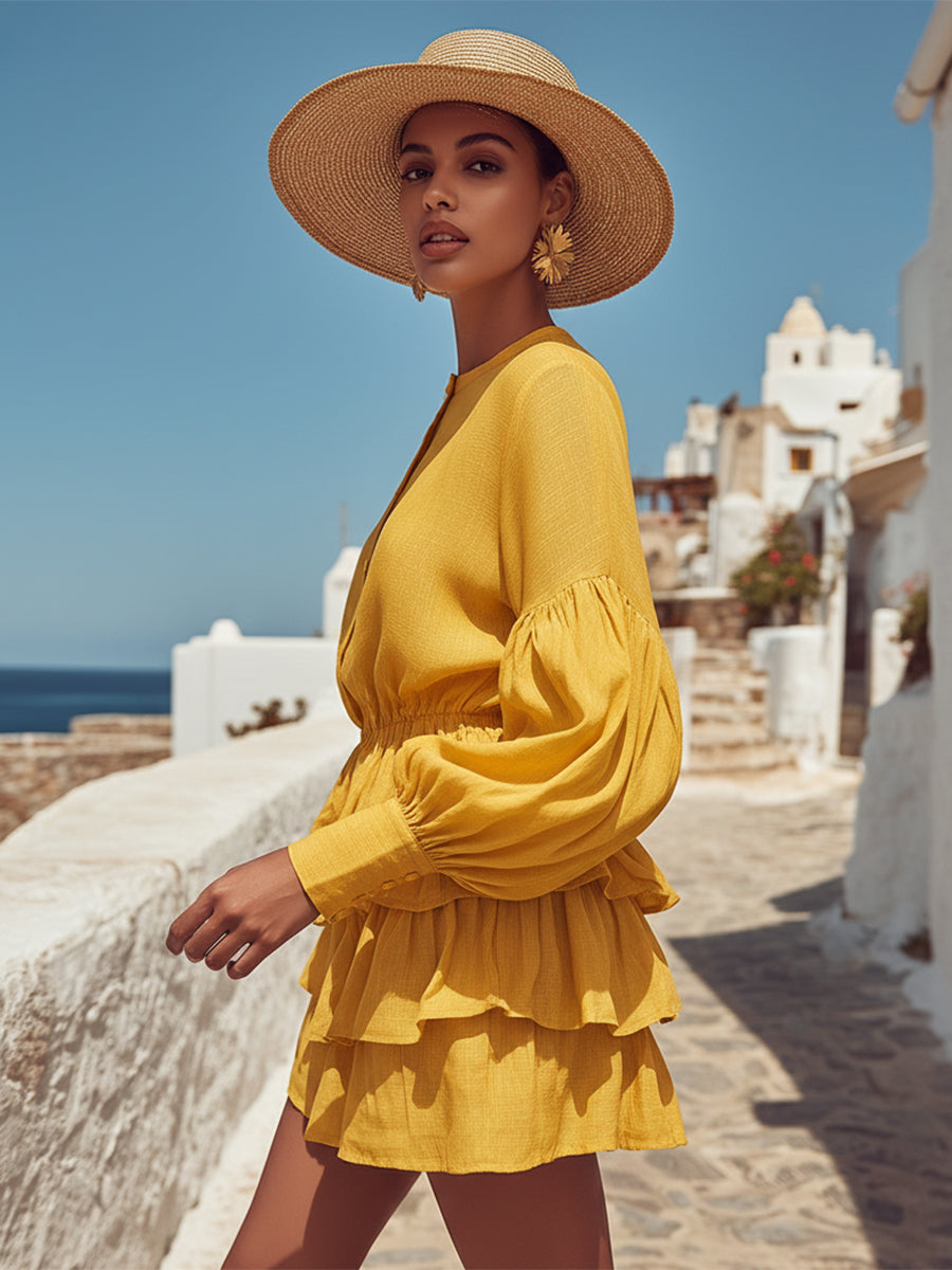 Vacation Casual Pale Yellow Cotton Linen Round Neck Ruffled Mini Dress
