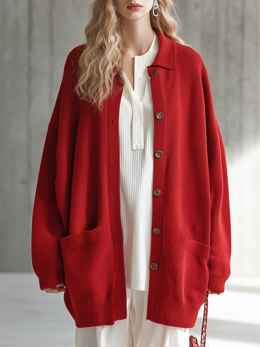 Simple And Fashionable Lapel Red Knitted Cardigan