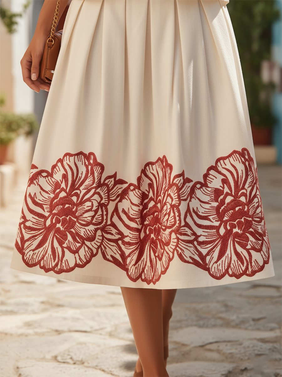 Romantic Bohemian Red Floral Print A-line Skirt