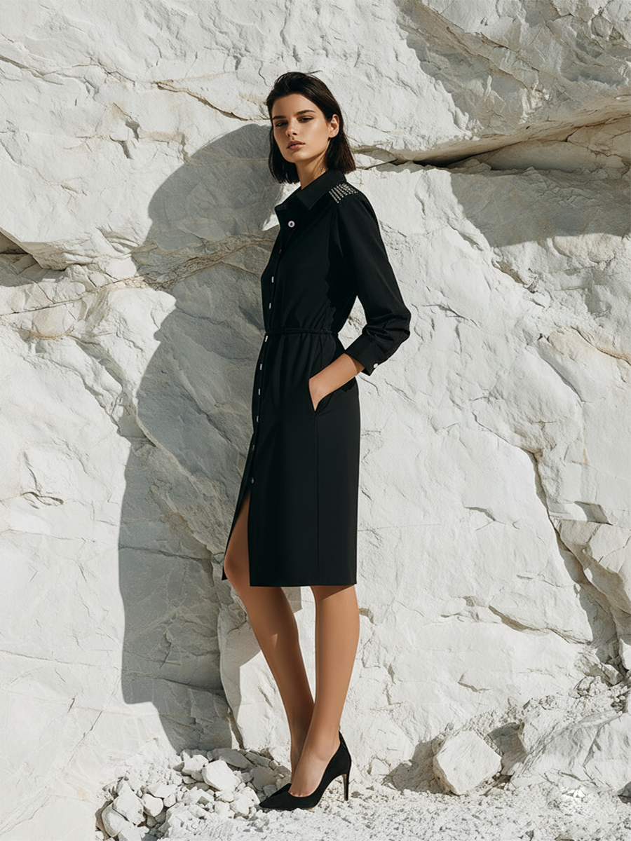 Stylish Shoulder Embellishments Black Shirt Midi Dress