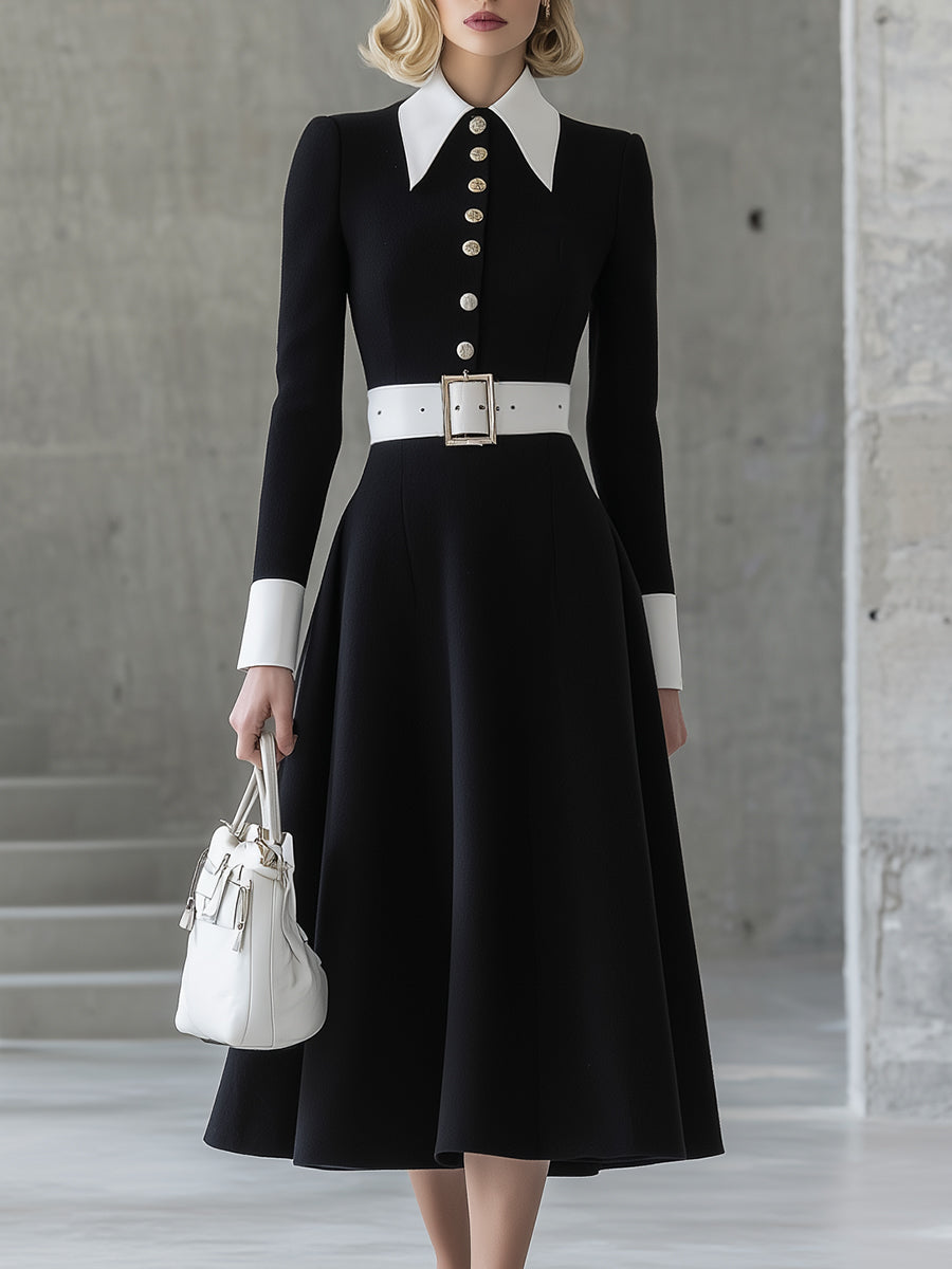 Black Contrast Button Flared Skirt Maxi Dress
