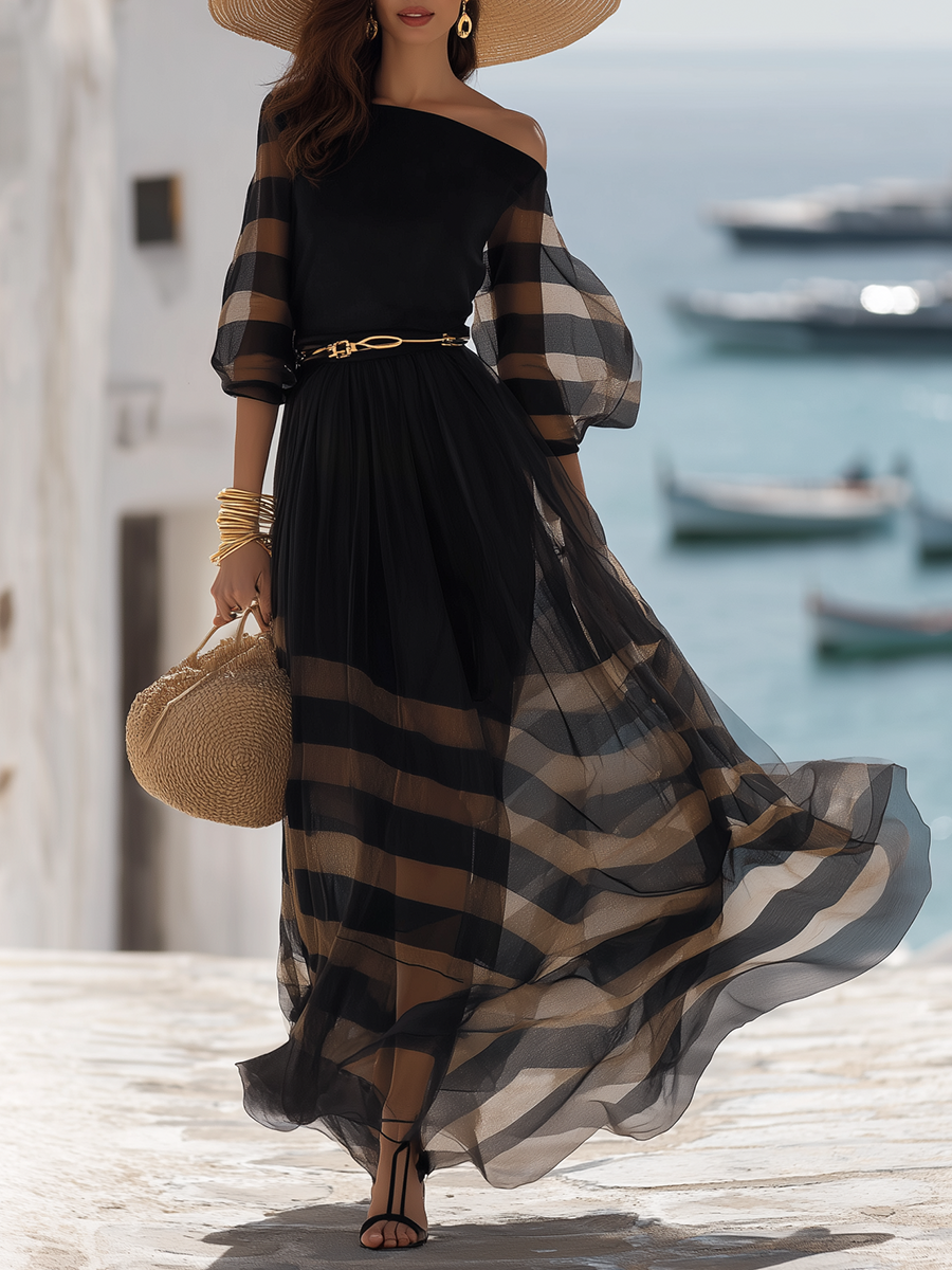 Elegant And Luxurious Black Sheer Boat-neck Short-sleeved Maxi Dress