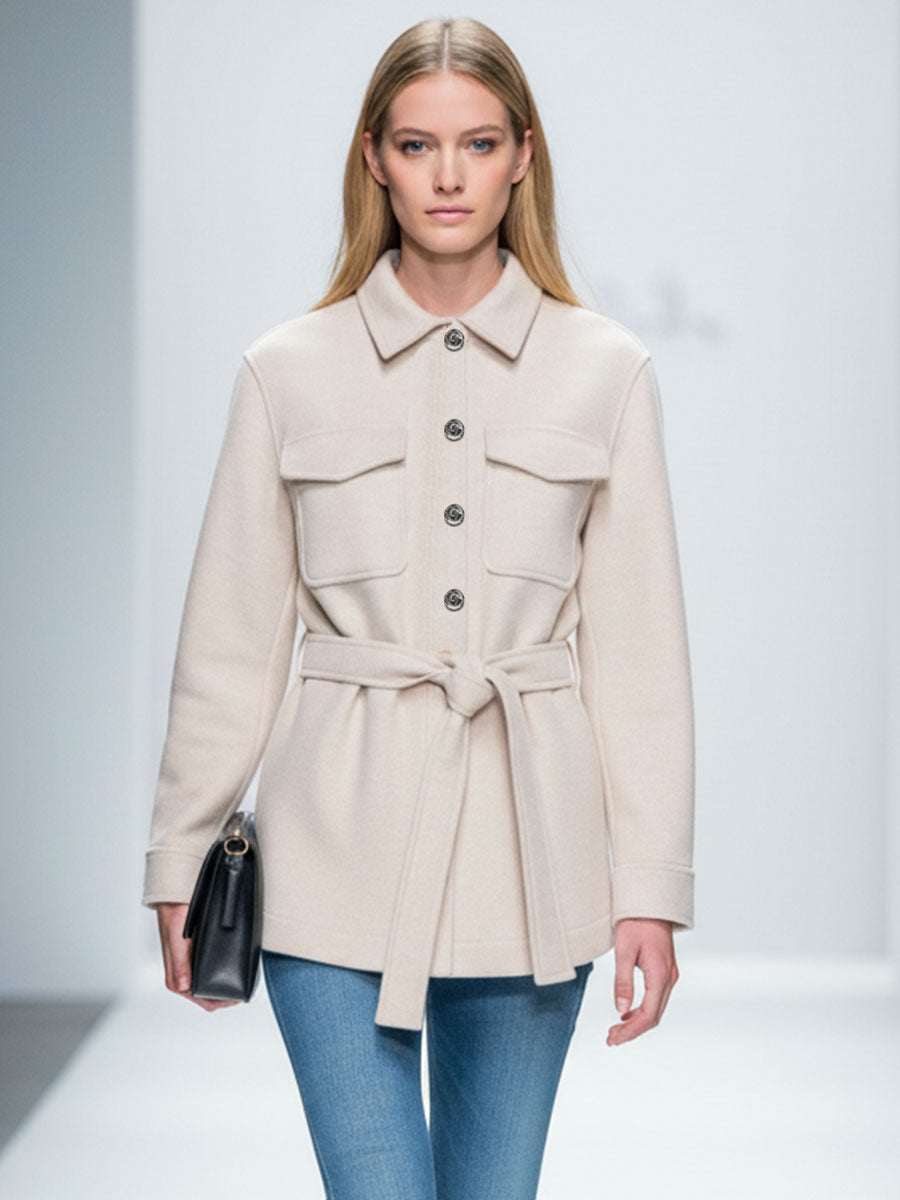 Fashionable Casual Belted Beige Suede Coat