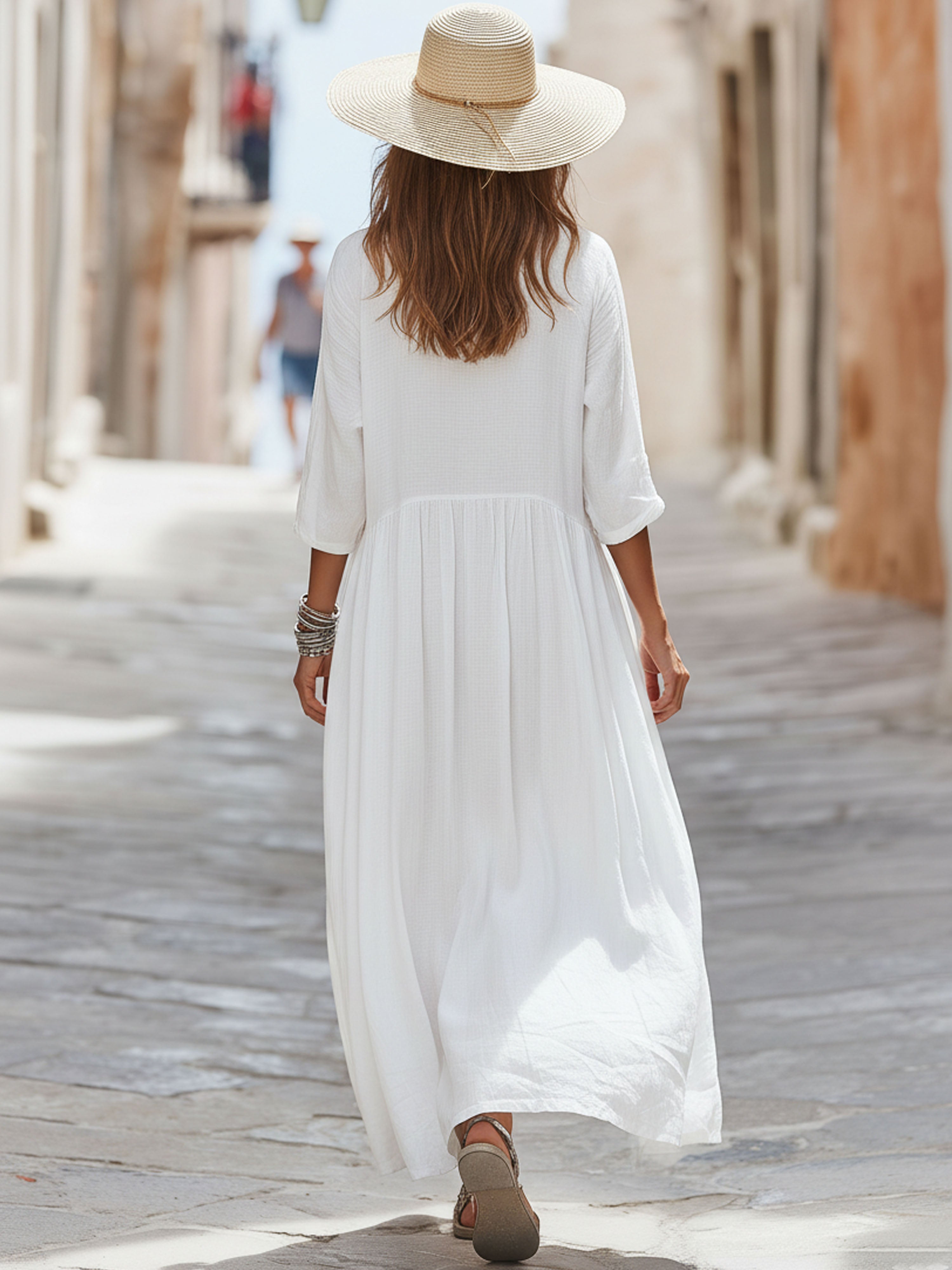 Elegant Blue Polka Dot Scarf And White Cotton Linen Mid-Sleeve Maxi Dress