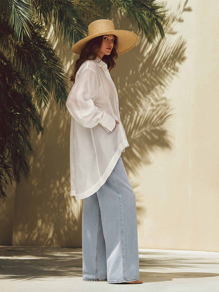 Stylish Sheer Irregular Hem White Long-sleeved Shirt