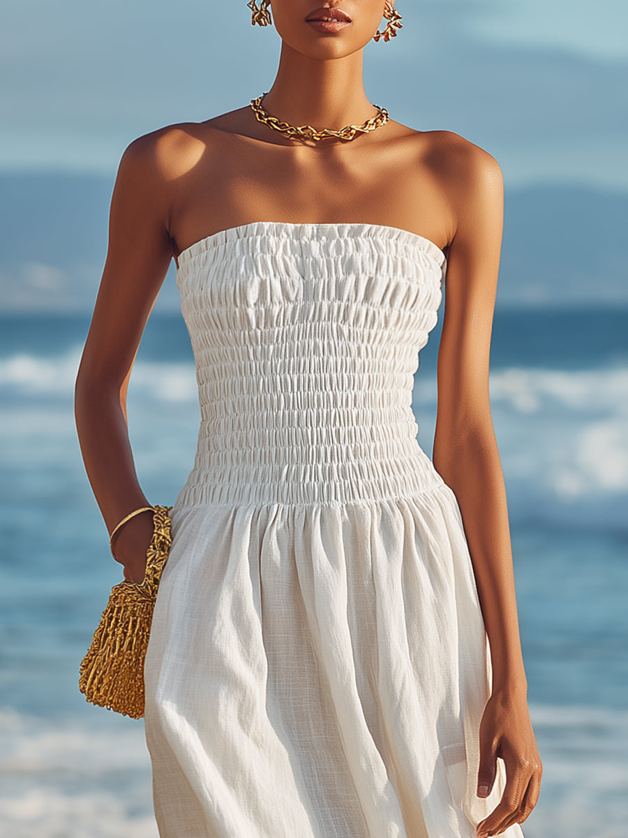 Casual Vacation White Cotton And Linen Strapless Midi Dress