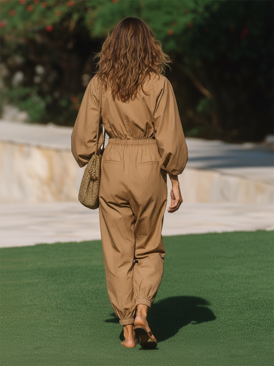 Brown Loose-fitting Cotton Jumpsuit