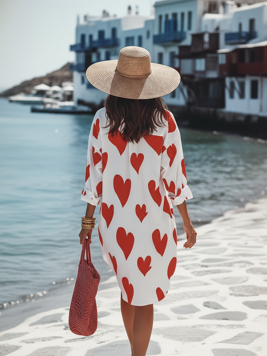 Casual Vacation Style Heart Print Long-sleeved Shirt Midi Dress