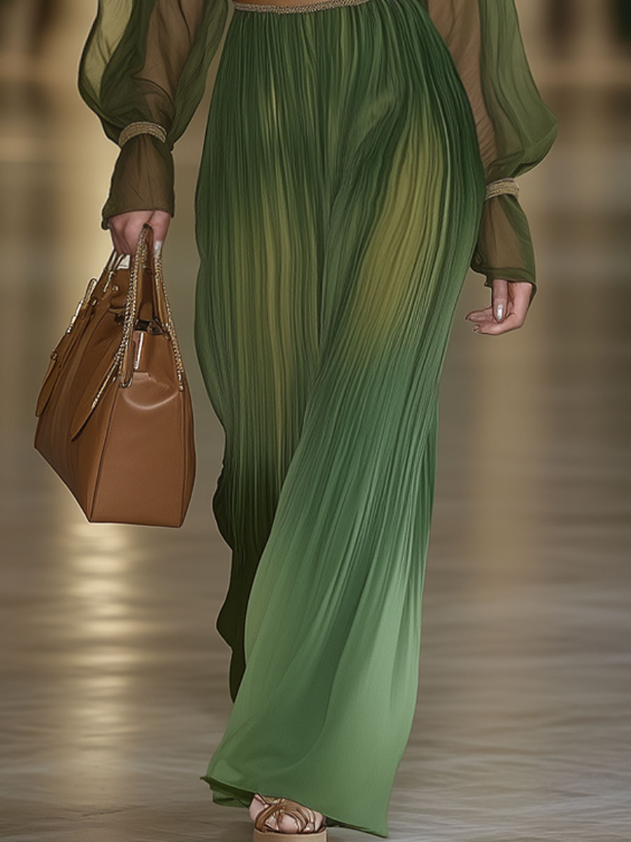 Elegant And Fashionable Forest Green Chiffon Tulle Long-Sleeved Jumpsuit