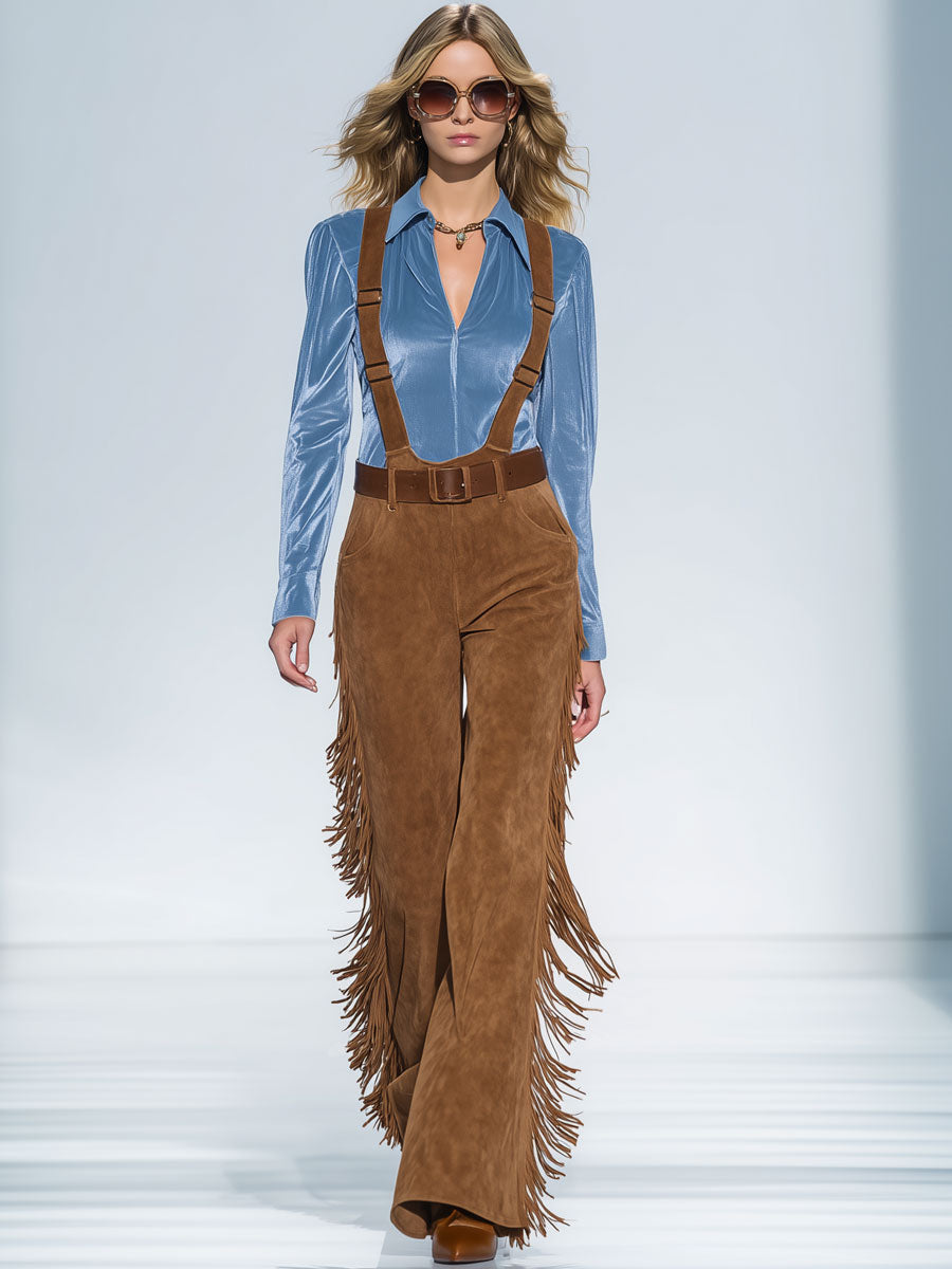 Western Vintage Caramel Suede Wide-Leg Tassel Overalls