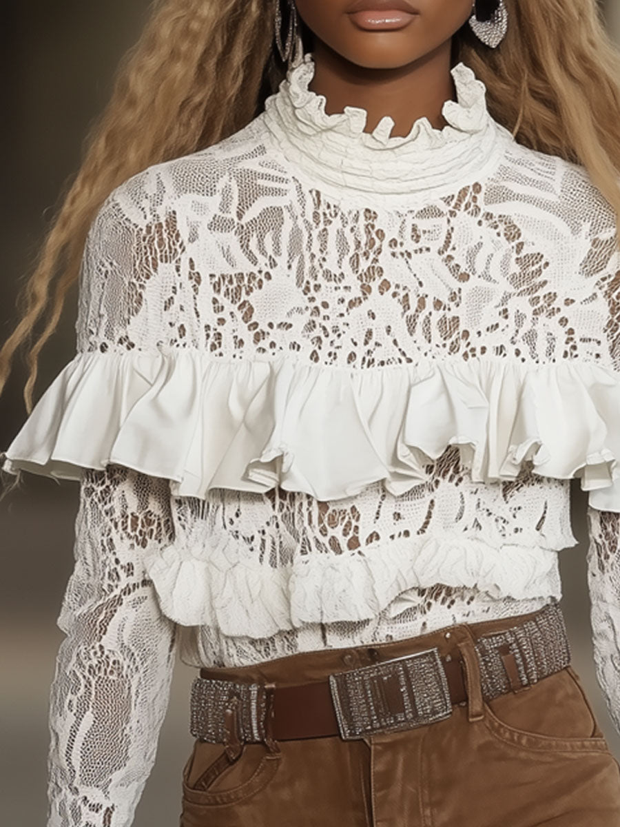 Retro Elegant White Lace Chiffon Ruffle Long Sleeve Shirt