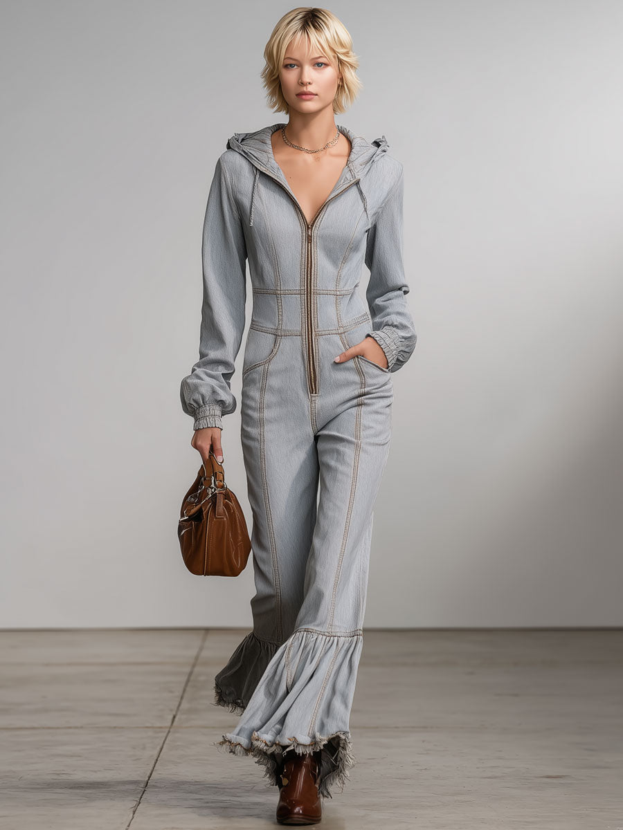 Western Retro Hooded Gray Denim Flared Raw-Edge Long-Sleeved Jumpsuit