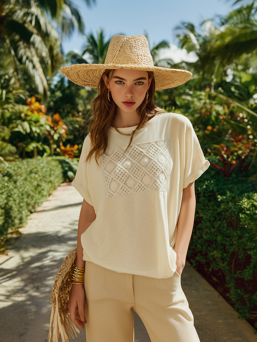 Casual Vacation Style Openwork Knit Patchwork Beige T-shirt
