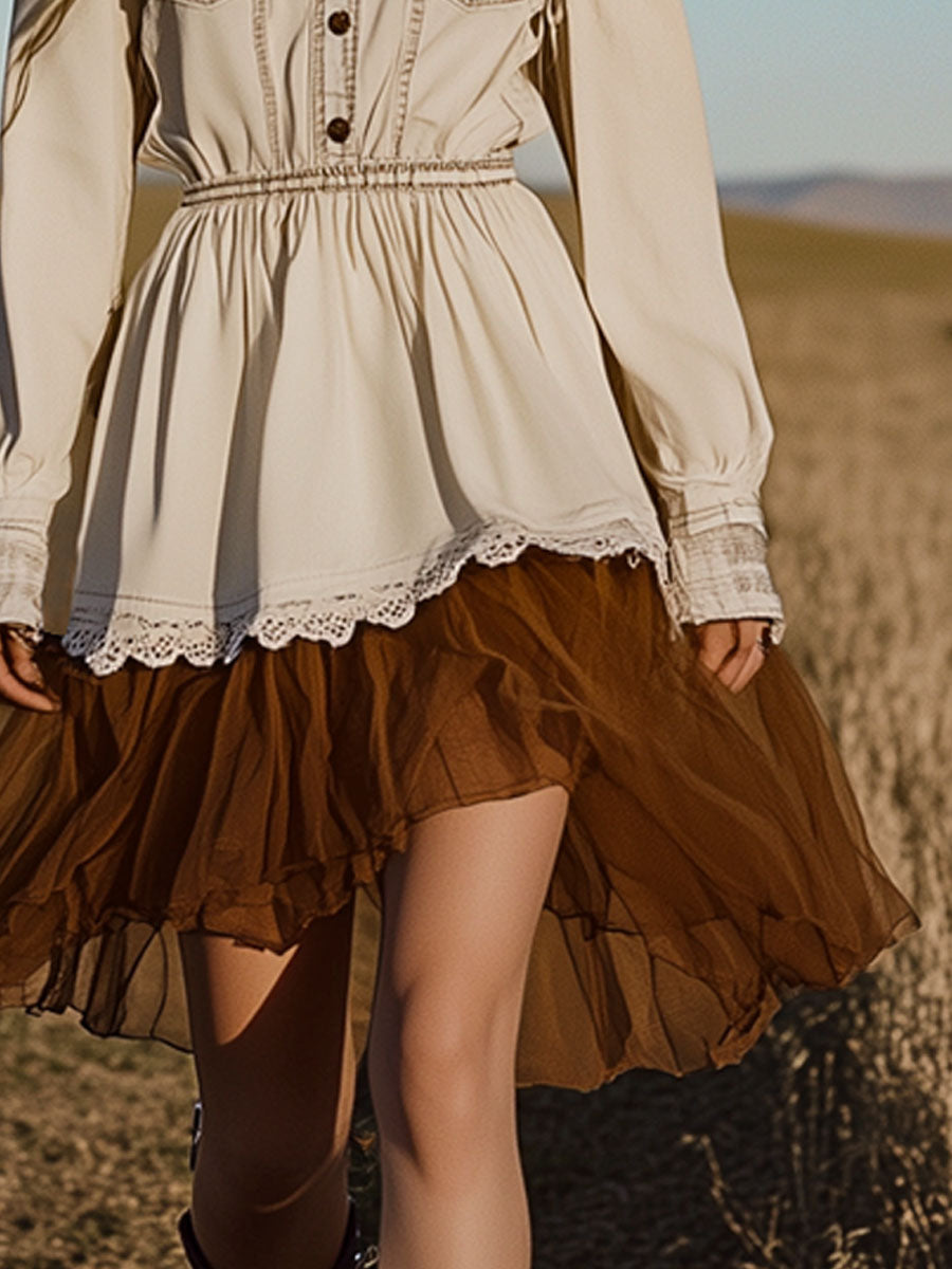 Vintage White Denim Long Sleeve Elastic Waist Lace Brown Mesh Mini Dress