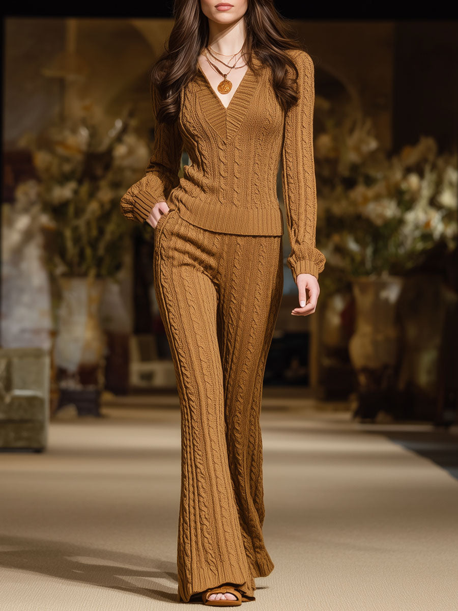 Retro Fashion Camel Knitted Cable Pullover Flared Pants Set