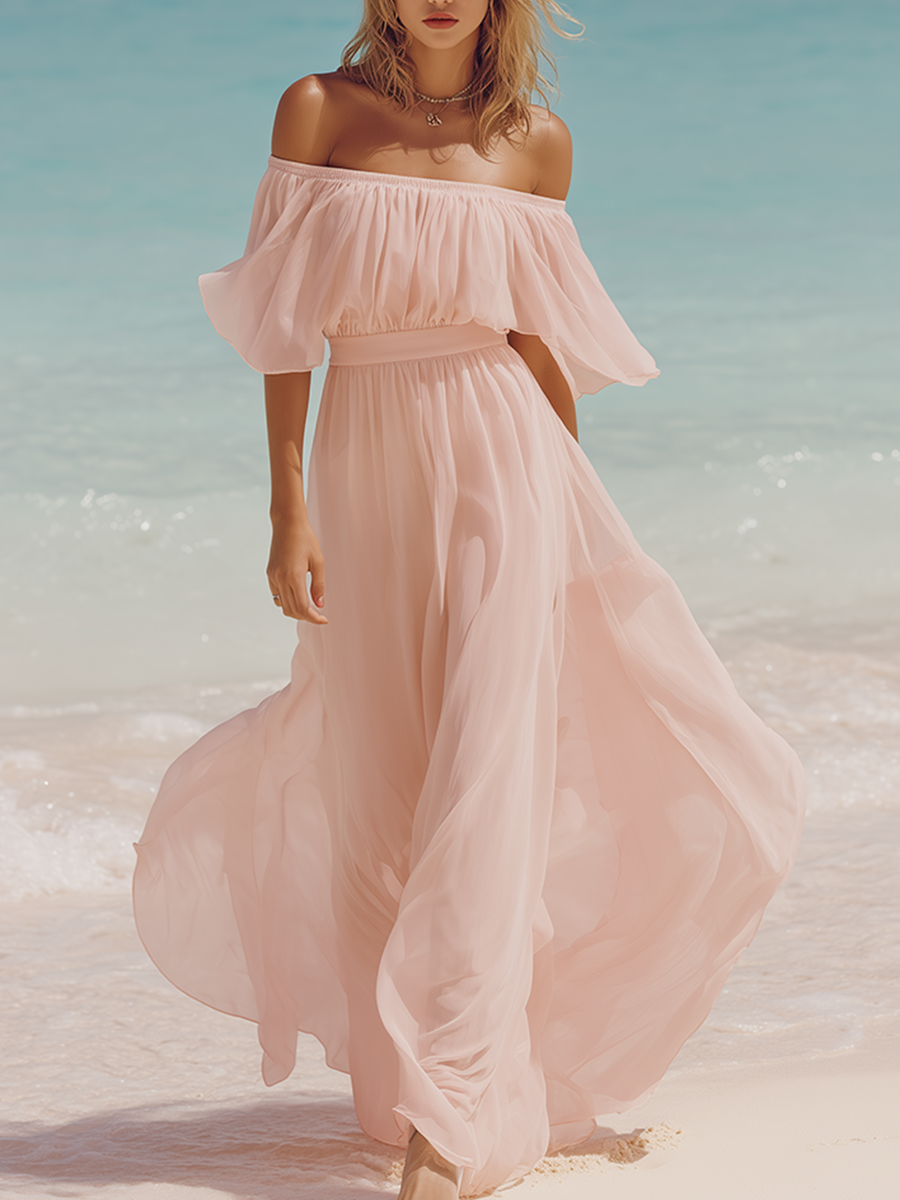 Pink Resort-style Chiffon Off-the-shoulder Short-sleeved Maxi Dress