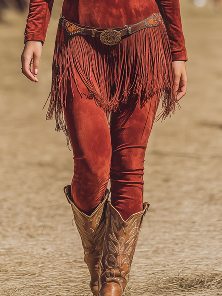 Western Retro Red Suede Embroidered Tassel Lace-Up Long Sleeve Jumpsuit