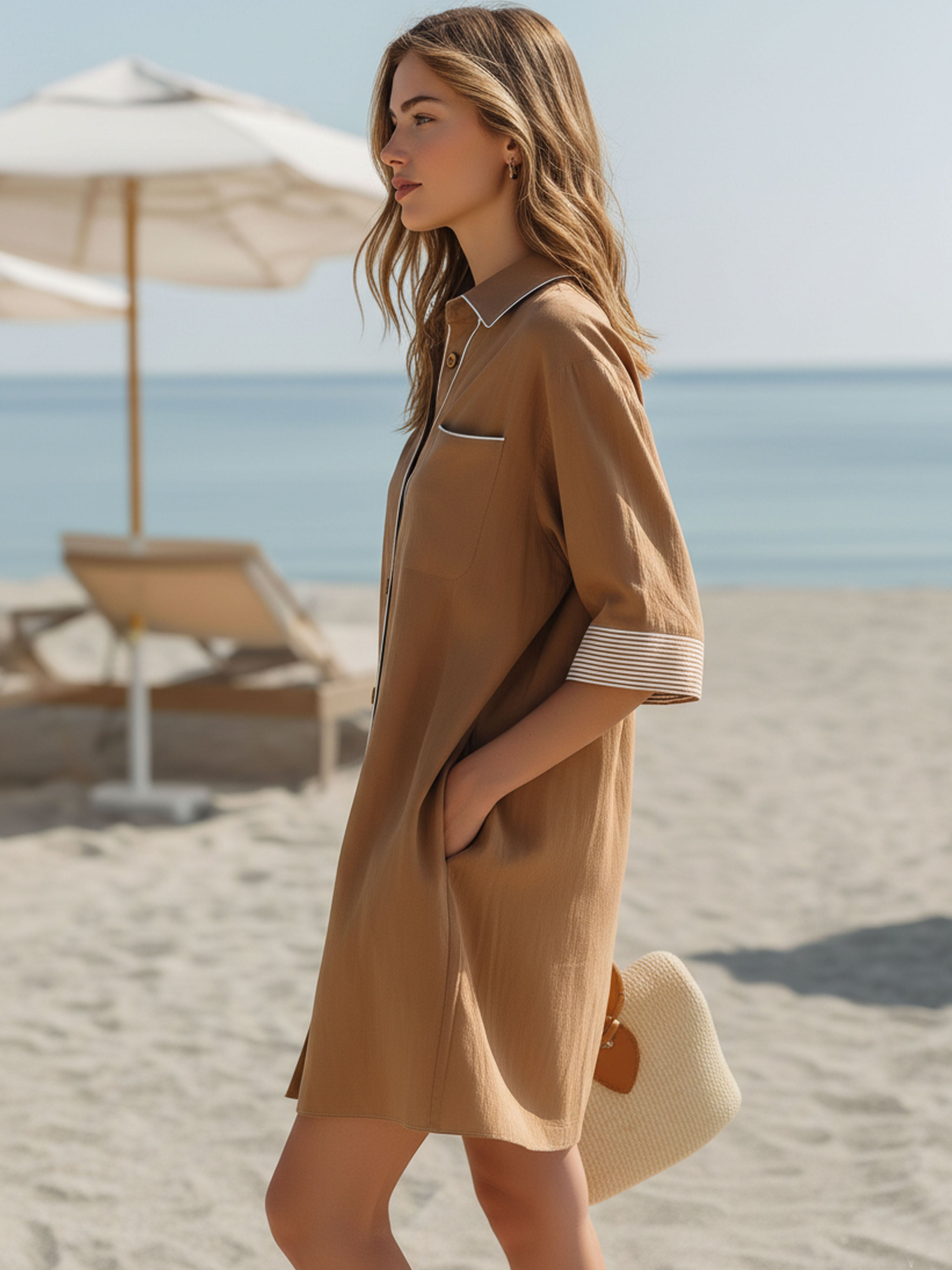 Resort Brown Shirt Collar With White Stripes Mini Dress