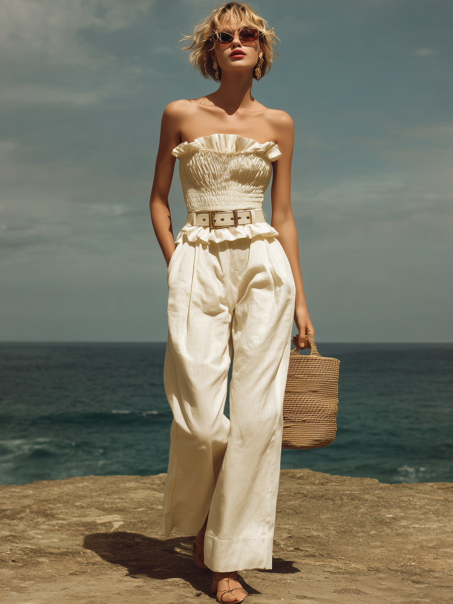 French Minimalist Off-white Cotton Linen Strapless Top And Wide-leg Pants Set