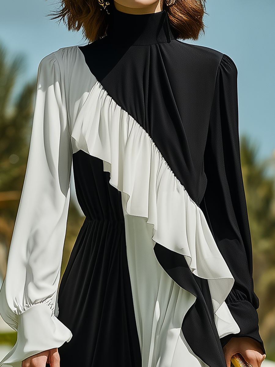 Vacation-style Black And White Patchwork Long-sleeved Maxi Dress