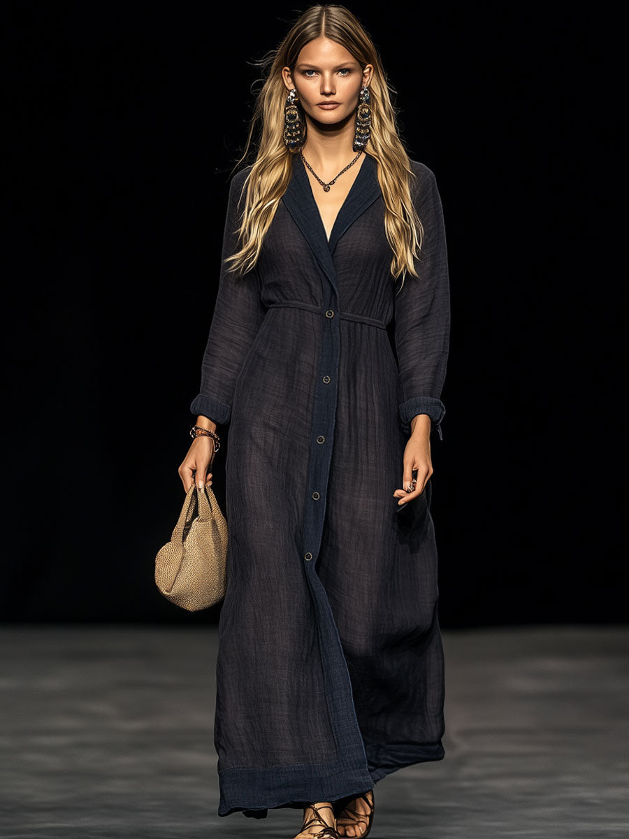 Casual And Comfortable Dark Blue Cotton And Linen Lapel Long-Sleeved Maxi Dress