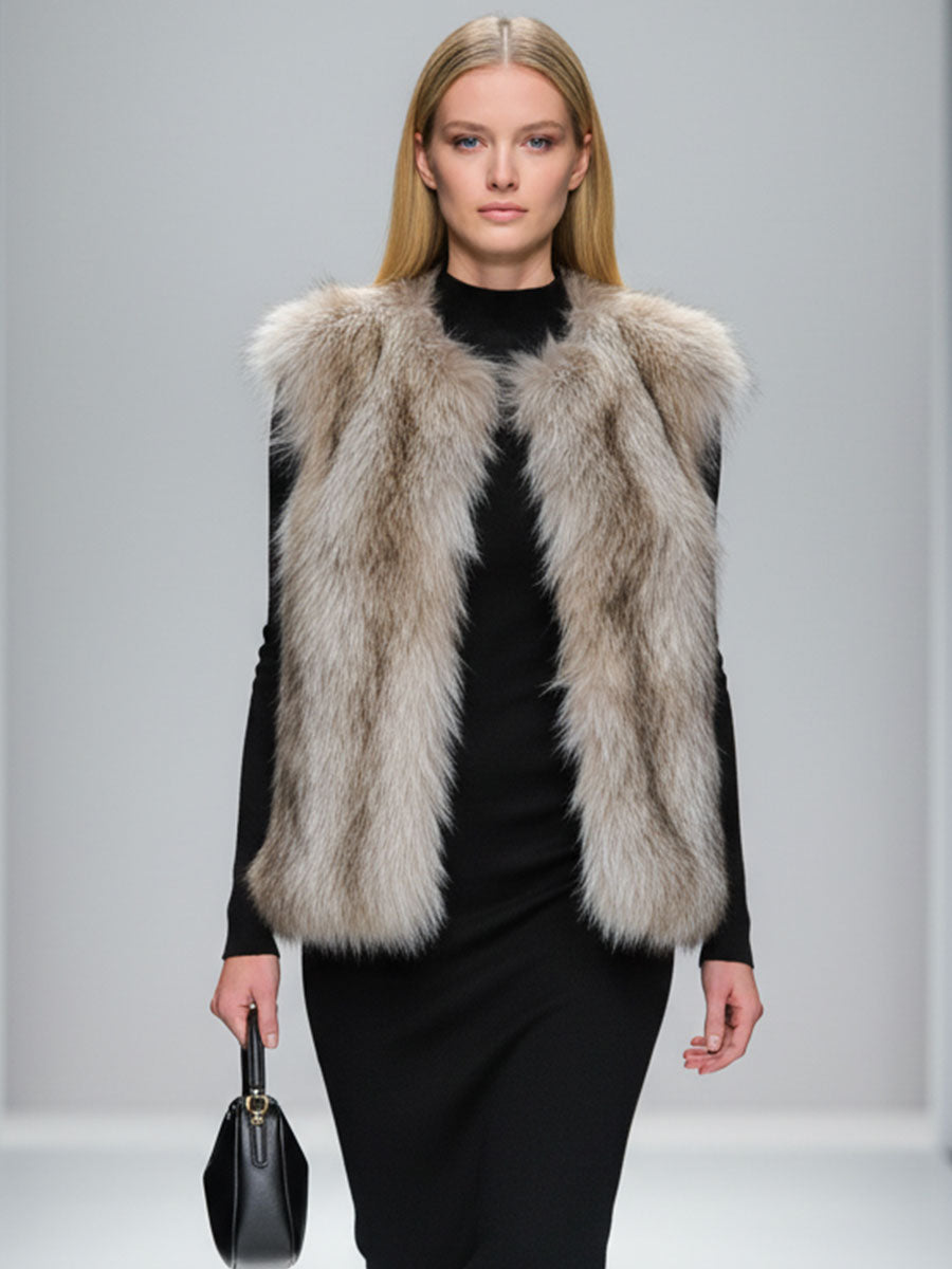 Elegant Vintage Light Brown Faux Fur Vest