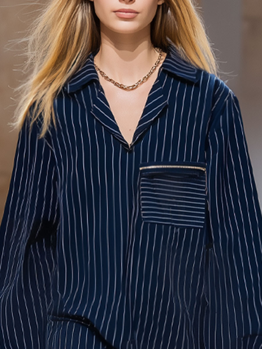 Casual And Fashionable Dark Blue Striped Shirt Straight Midi Dress