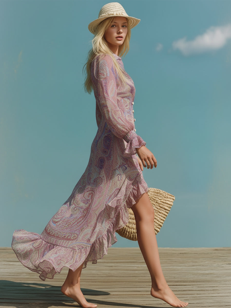 Romantic Retro Pinkish-purple Paisley Print Chiffon Maxi Dress