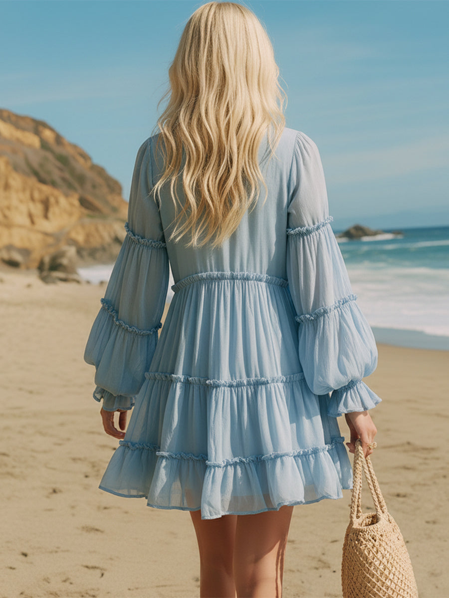French Romantic Sky Blue Chiffon V-neck Ruffled Mini Dress