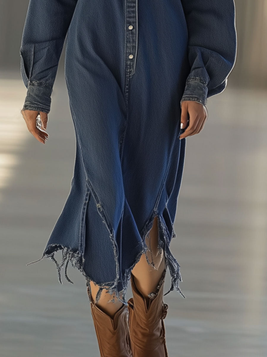 Retro Casual Loose Dark Blue Denim Irregular Raw Edge Midi Dress