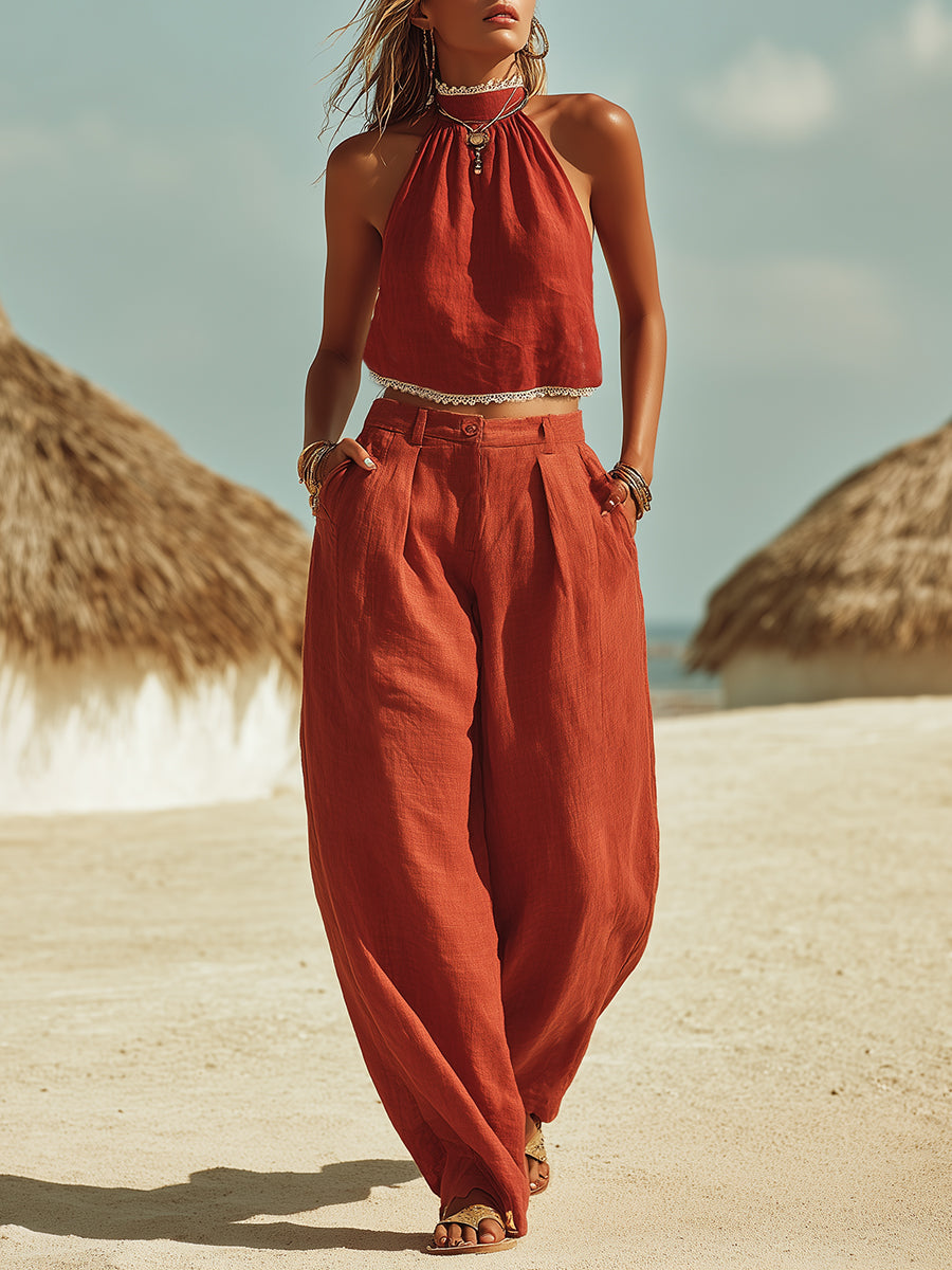 Casual Bohemian Lace Trim Red Cotton Linen High-Neck Sleeveless Top And Wide-Leg Pants Set