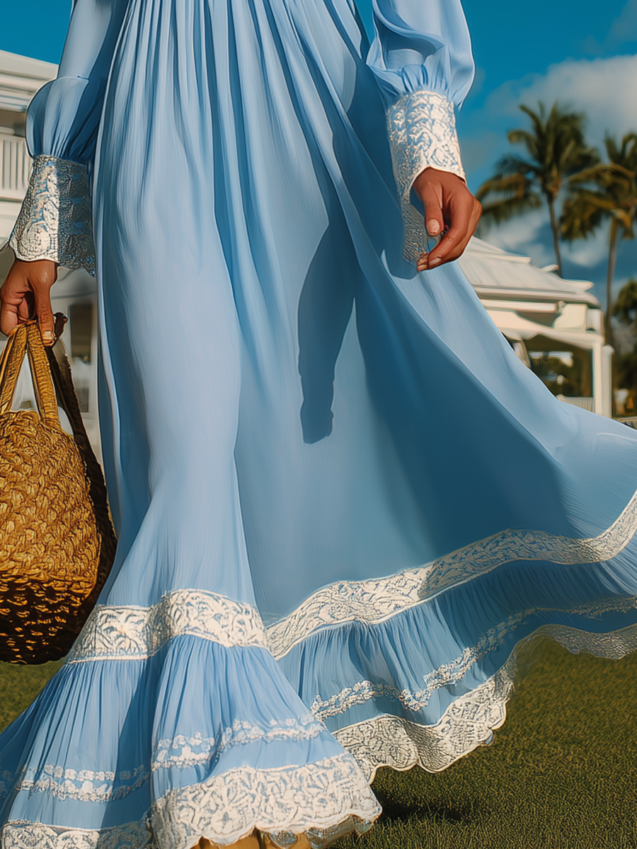 Vacation-style Cotton And Lace Patchwork Round-neck Maxi Dress
