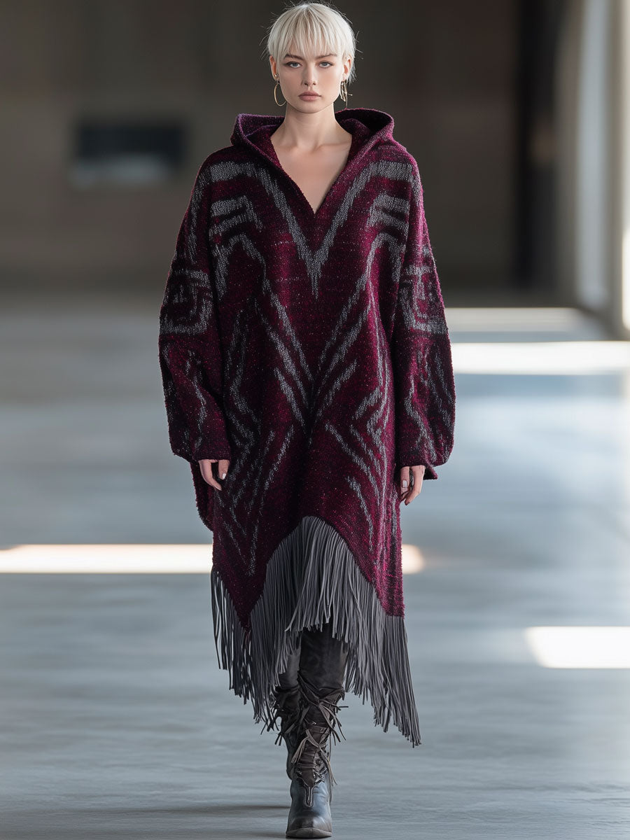 Retro Casual Loose Geometric Knitted Hooded Tassel Purple Midi Dress