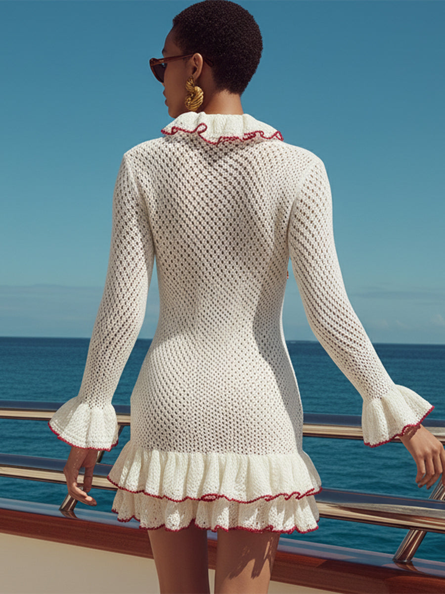Fashionable Vacation V-neck Red Trim Knit Ruffle Mini Dress