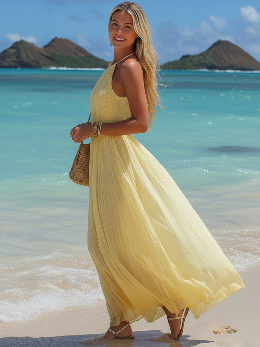 Bohemian Halter Neck Yellow Pleated Chiffon Sleeveless Maxi Dress