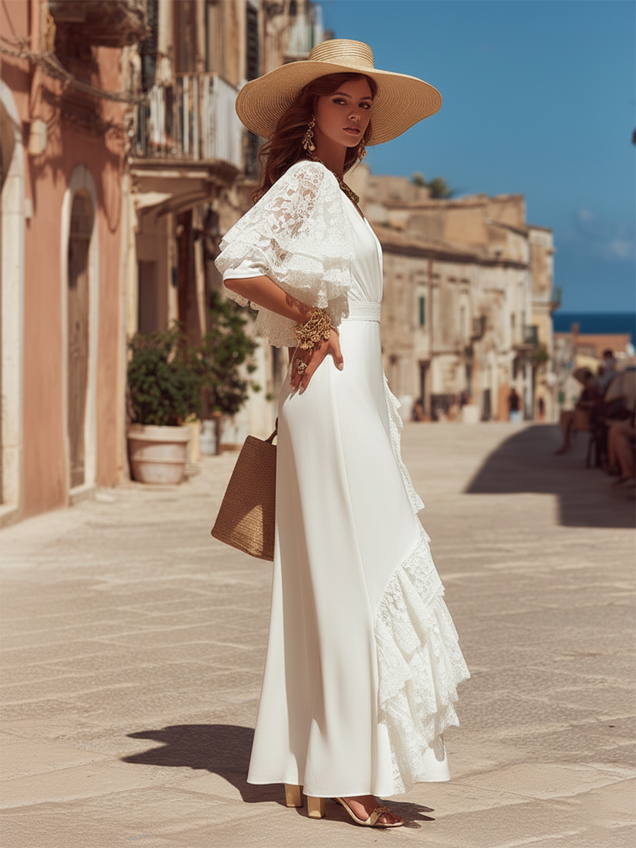 Elegant Cocktail Party V-neck Lace-paneled Short-sleeved Satin Maxi Dress