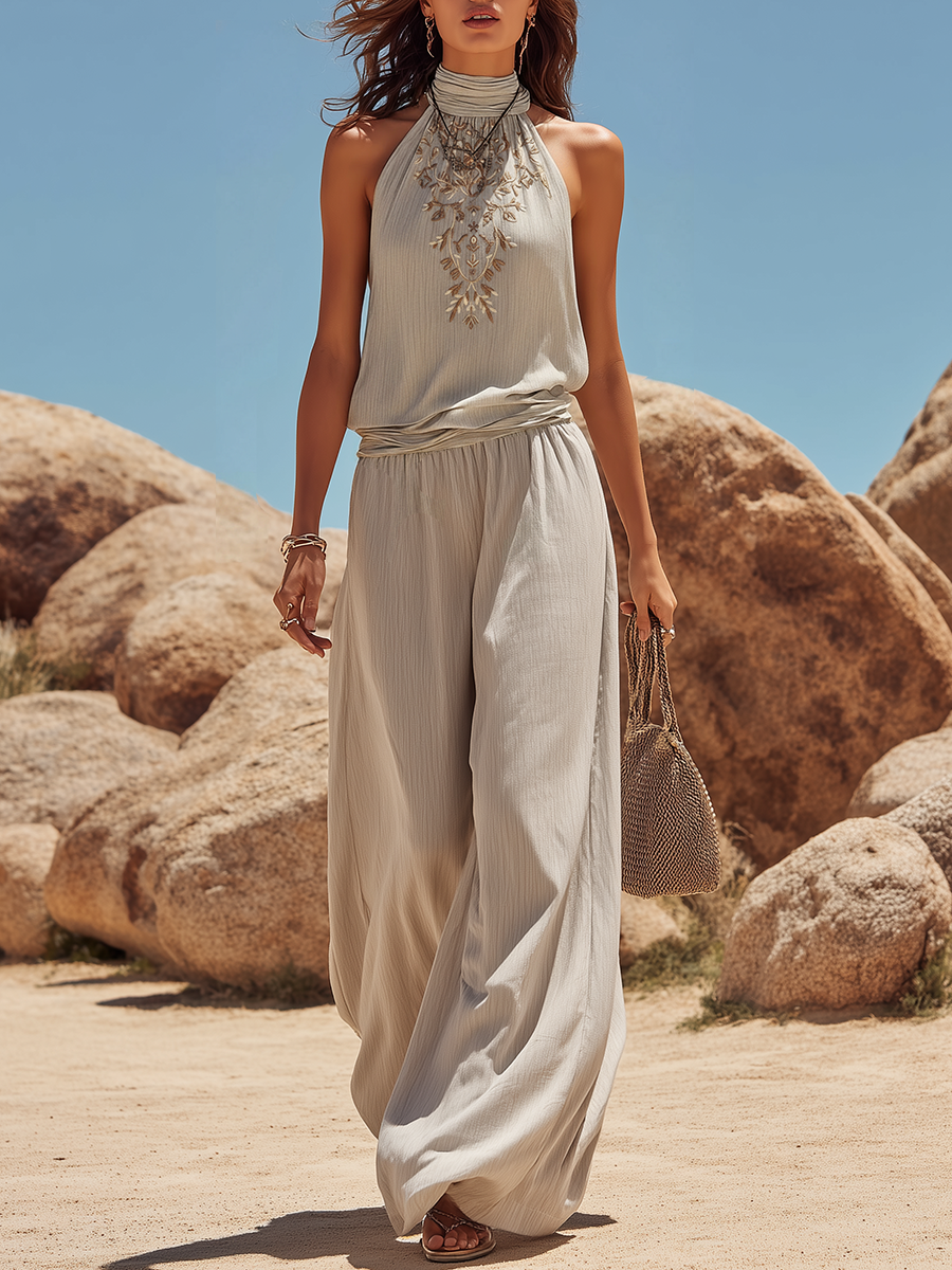 Vacation-style Embroidered Sleeveless Top And Trousers Set