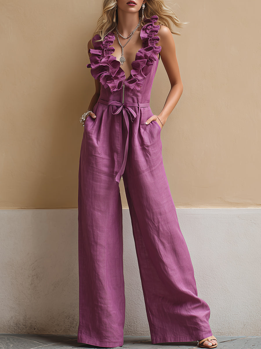 Casual Vacation Purple Cotton Linen Ruffled V-Neck Zipper Sleeveless Jumpsuit