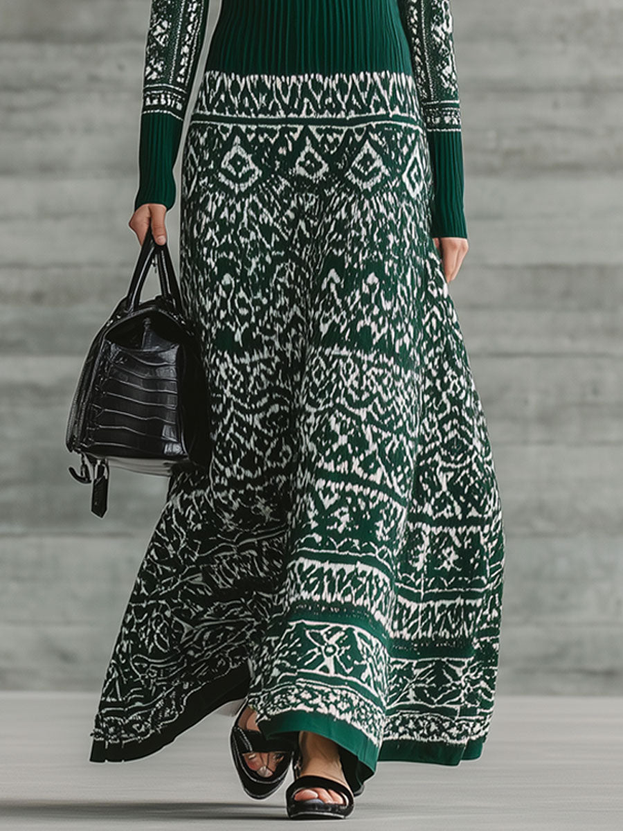 Retro Ethnic Geometric Dark Green Knitted High Collar Maxi Dress
