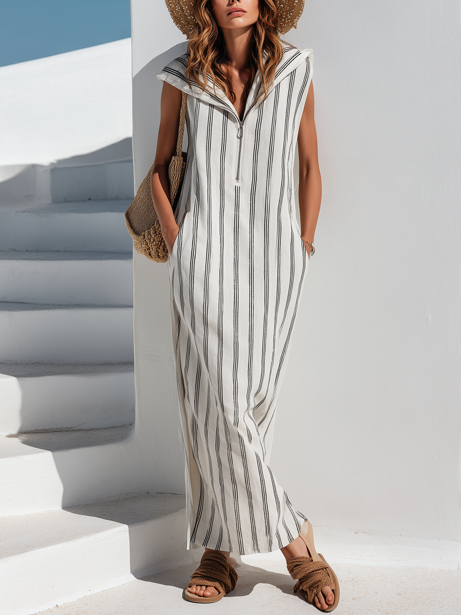 Resort-style Black And White Striped Sleeveless Hooded Maxi Dress