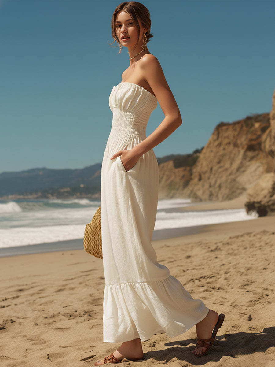 Casual Vacation Off-White Cotton Linen Sleeveless Loose Jumpsuit