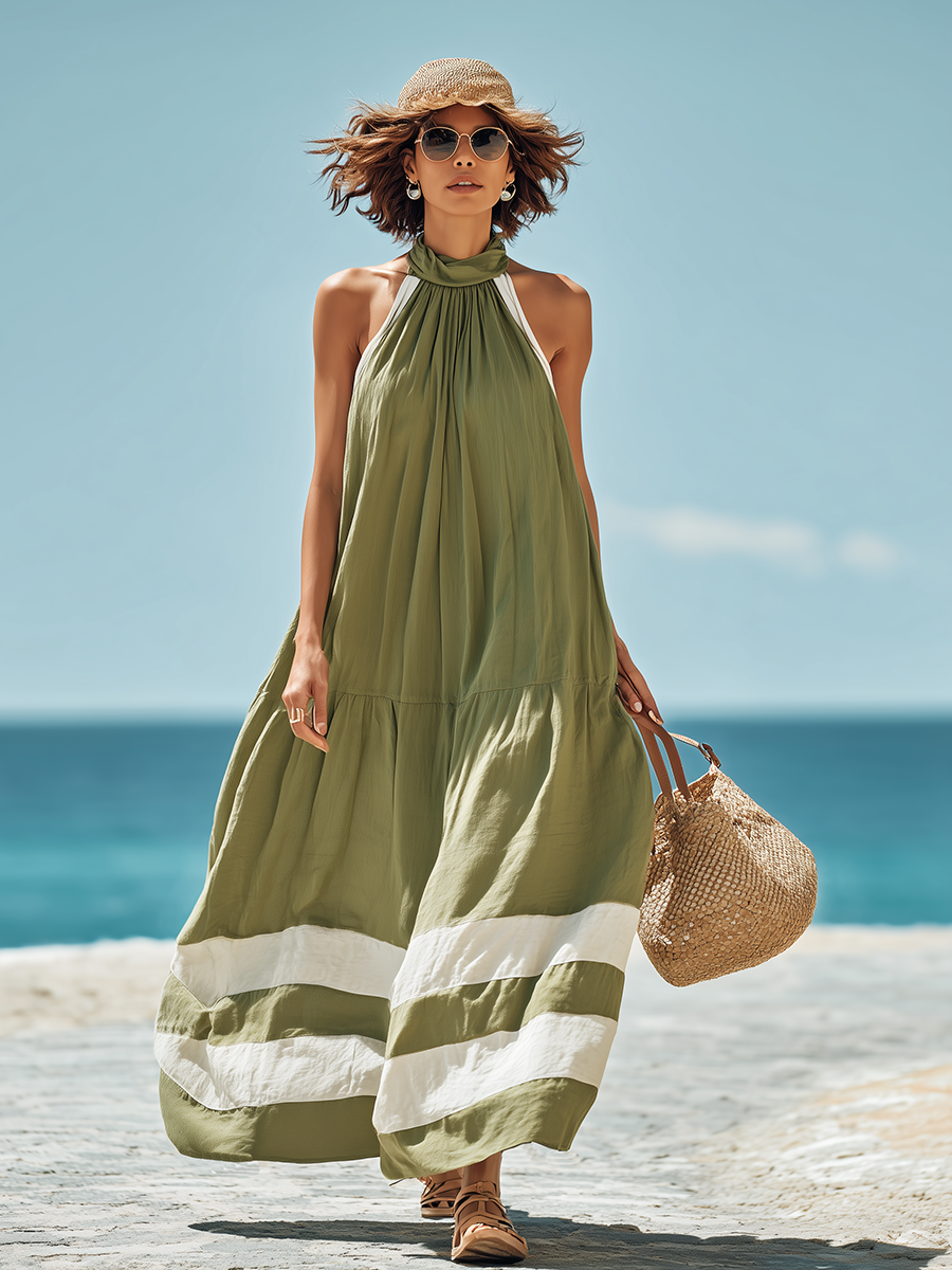 Resort-style Green Round Neck Sleeveless Maxi Dress