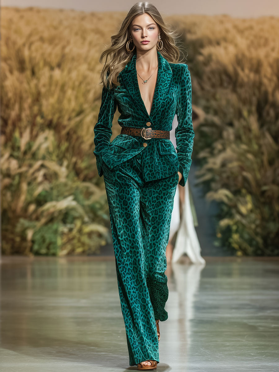 Vintage Lace-Up Green Velvet Leopard Print Blazer Straight Pants Set