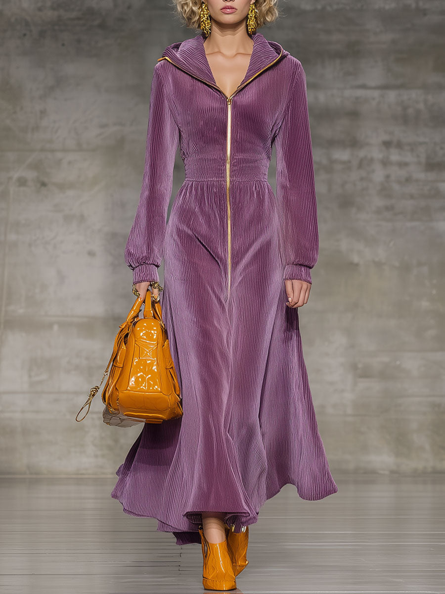 Fashionable And Casual Purple Corduroy Hooded Long-Sleeved Midi Dress