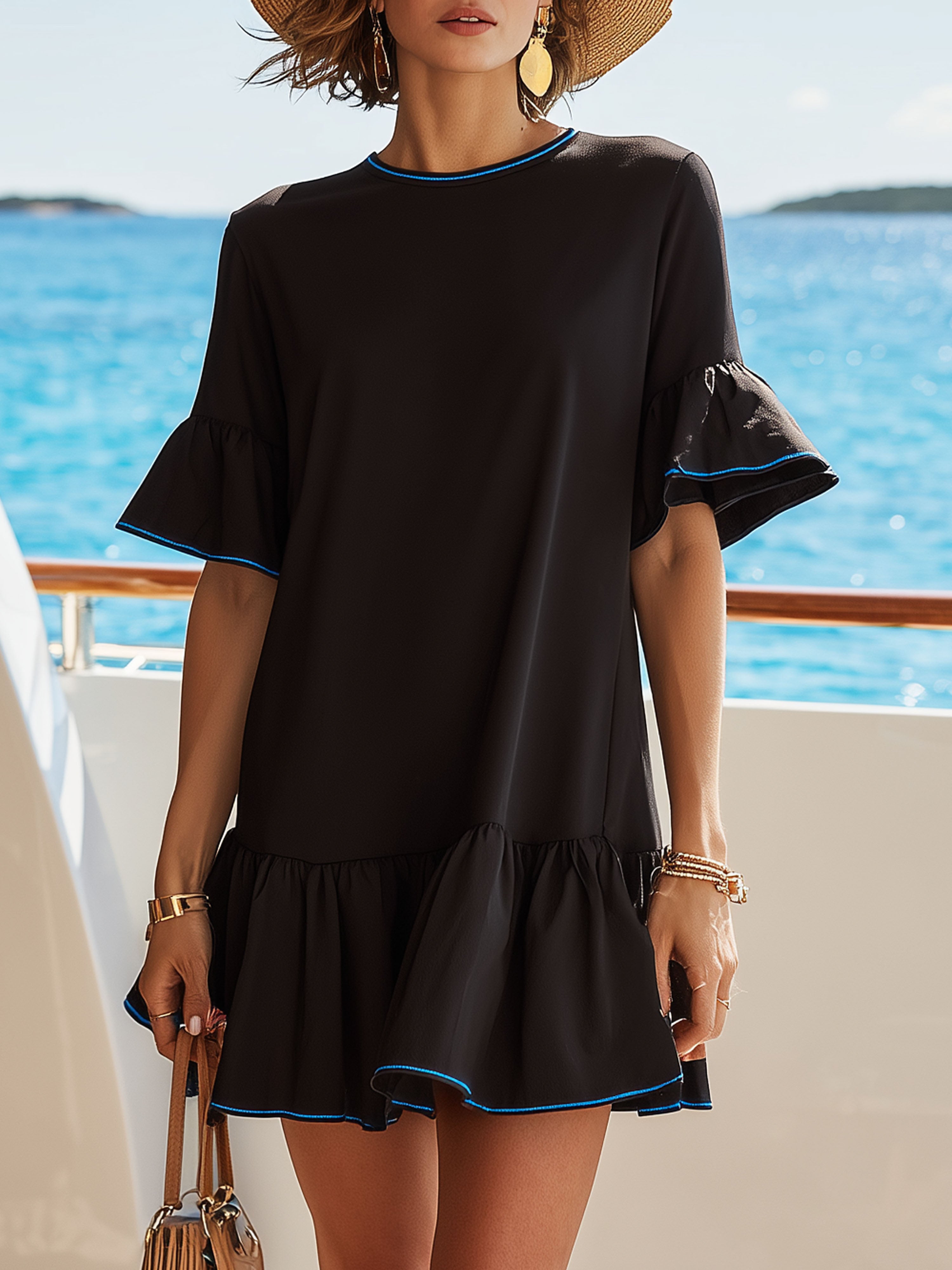 Elegant Black Ruffled Short-Sleeved With Blue Piping Mini Dress