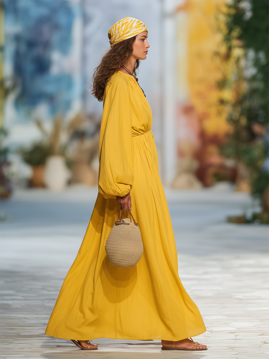 Simple Loose-fitting Bohemian Yellow Cotton Maxi Dress