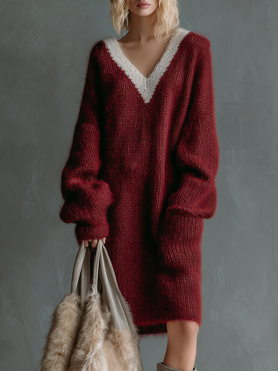 Red V-neck Stitching White Pocket Sweater Midi Dress