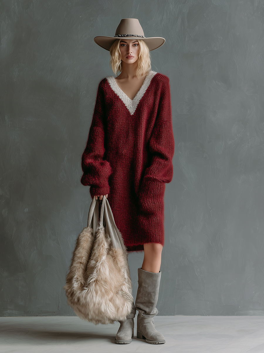 Red V-neck Stitching White Pocket Sweater Midi Dress