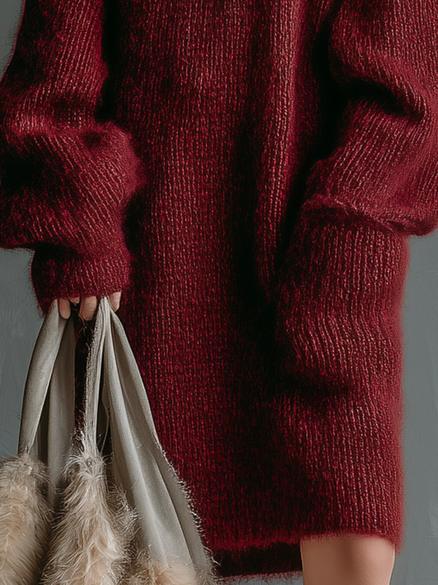 Red V-neck Stitching White Pocket Sweater Midi Dress