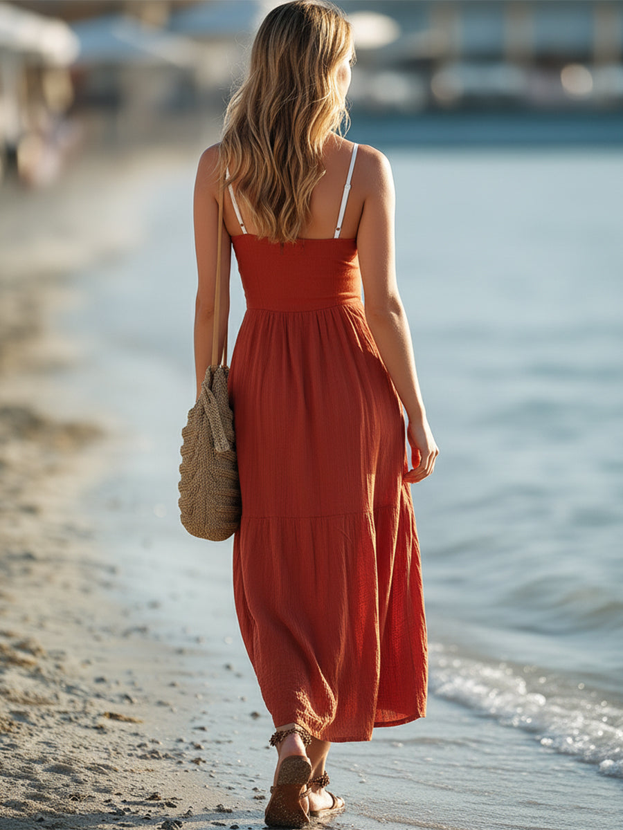 Bohemian Red Cotton Linen Lace-trimmed Single-breasted Midi Dress